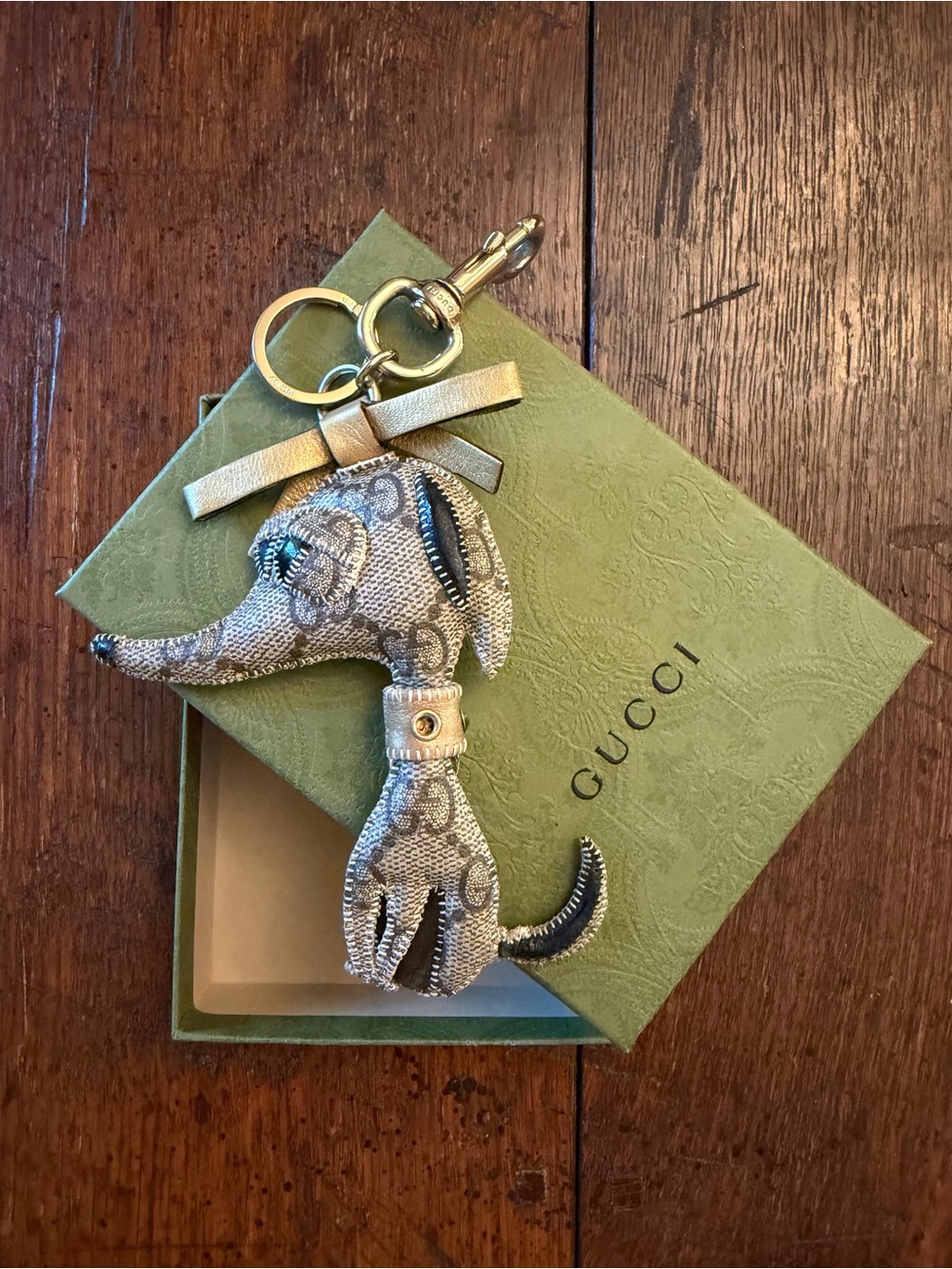 Gucci Monogram Dog Key Ring and Bag Charm with Gold Hardware